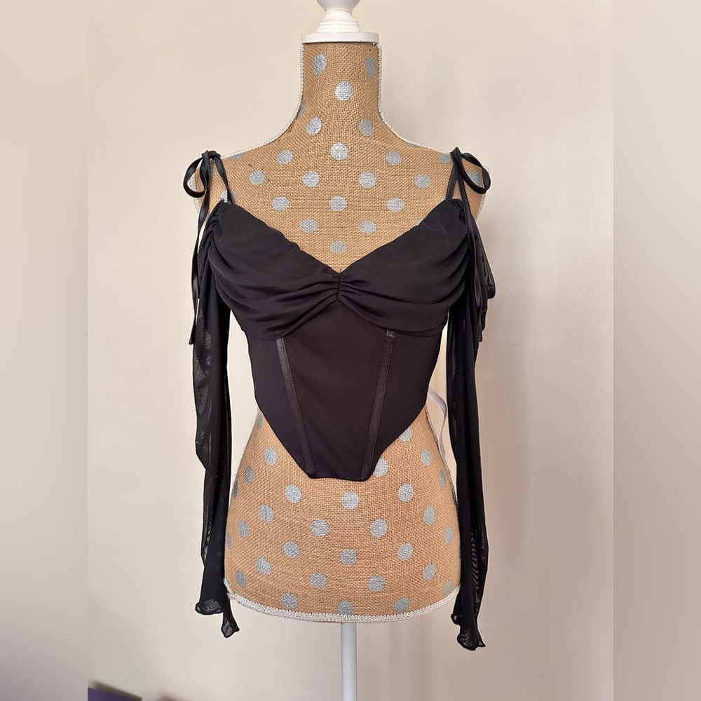 Parthea Tie Shoulder Corset Mesh Crop Top Black